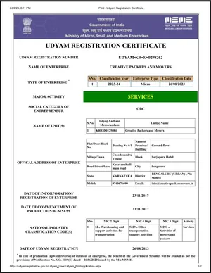 Udyam MSME Certificate – Creative Packers and Movers